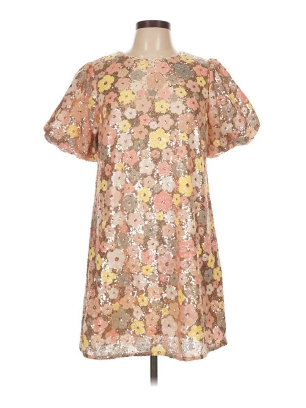 entro Peach Pink Yellow Floral Sequin Mini Dress